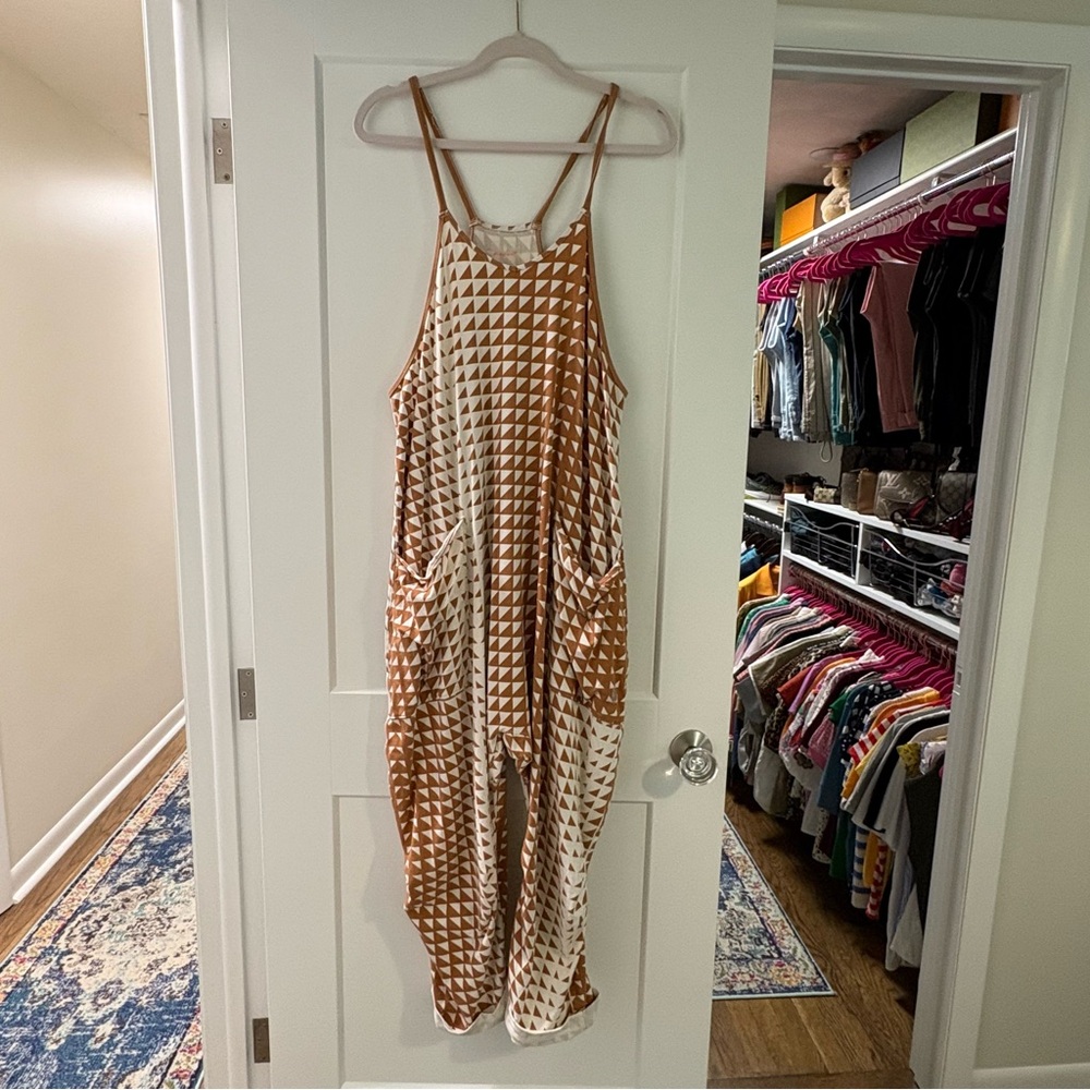 Geometric Patterned Jumpsuit in Brown and Cream